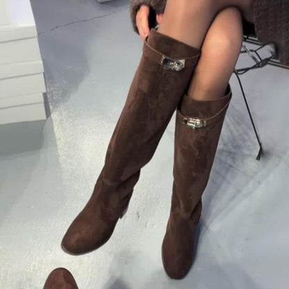 Round-Toe Thick-Heel Suede Boots