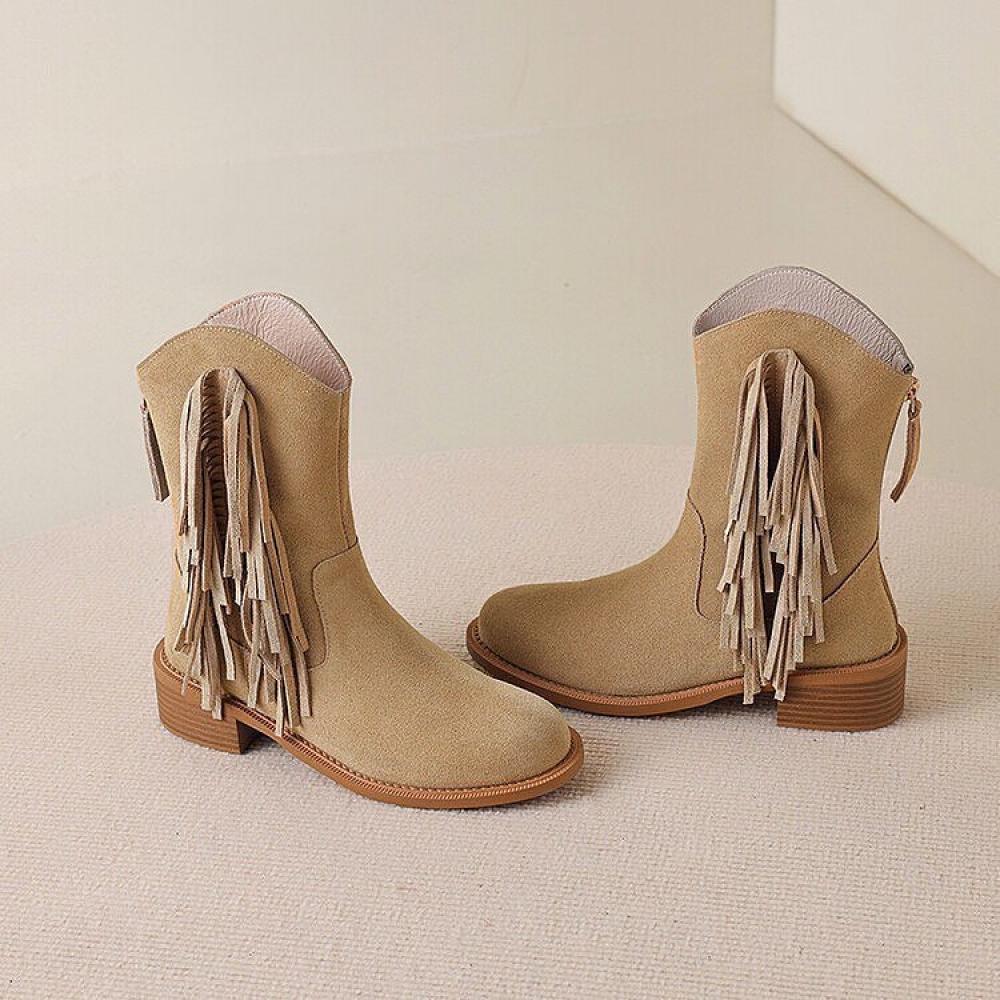 Vintage V Mouth Fringe Mid Cowboy Boots